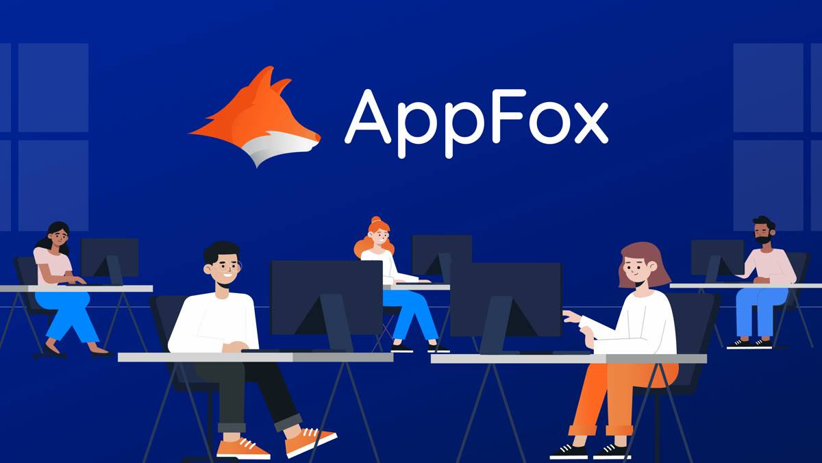 The AppFox fox logo and wordmark above illustrated characters working at desks, a still from the AppFox brand animation