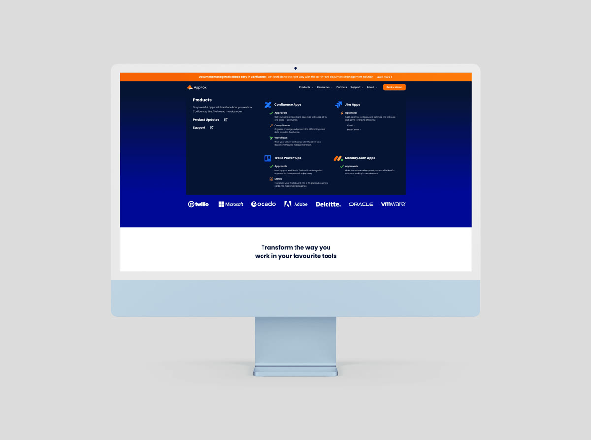 The AppFox website Products menu on an iMac, showing its Confluence, Jira, Trello and Monday.com app ranges