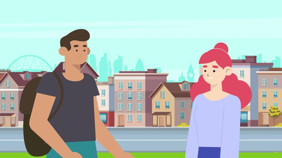 Two animated characters in front of a Barnet street of houses, from the Housing Options Information Video