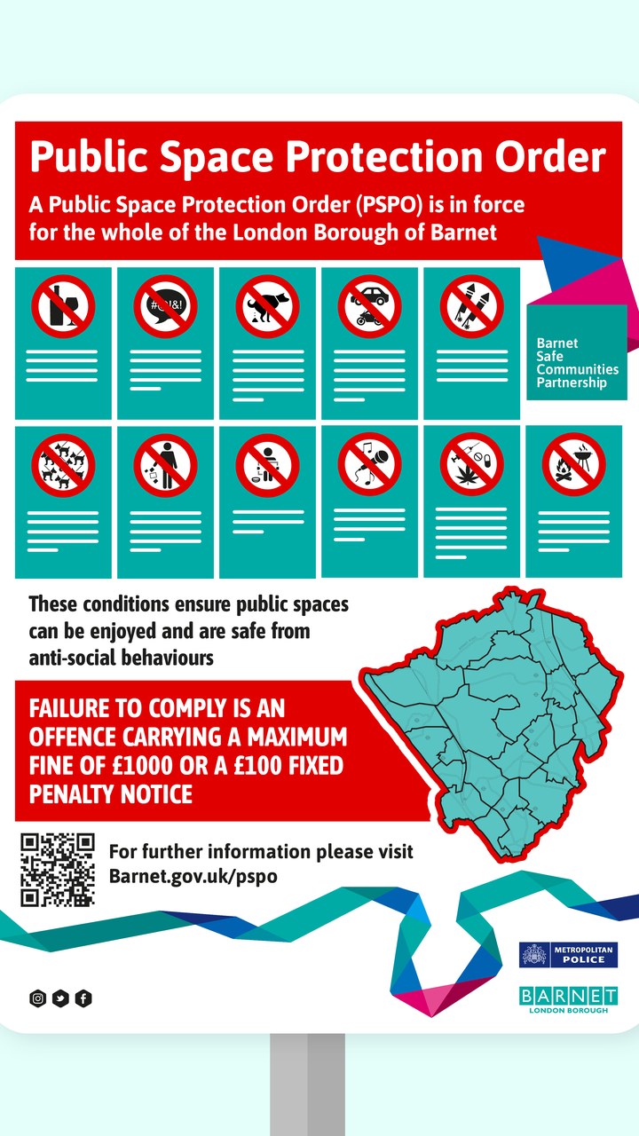 The Public Space Protection Order sign, made for the London Borough of Barnet