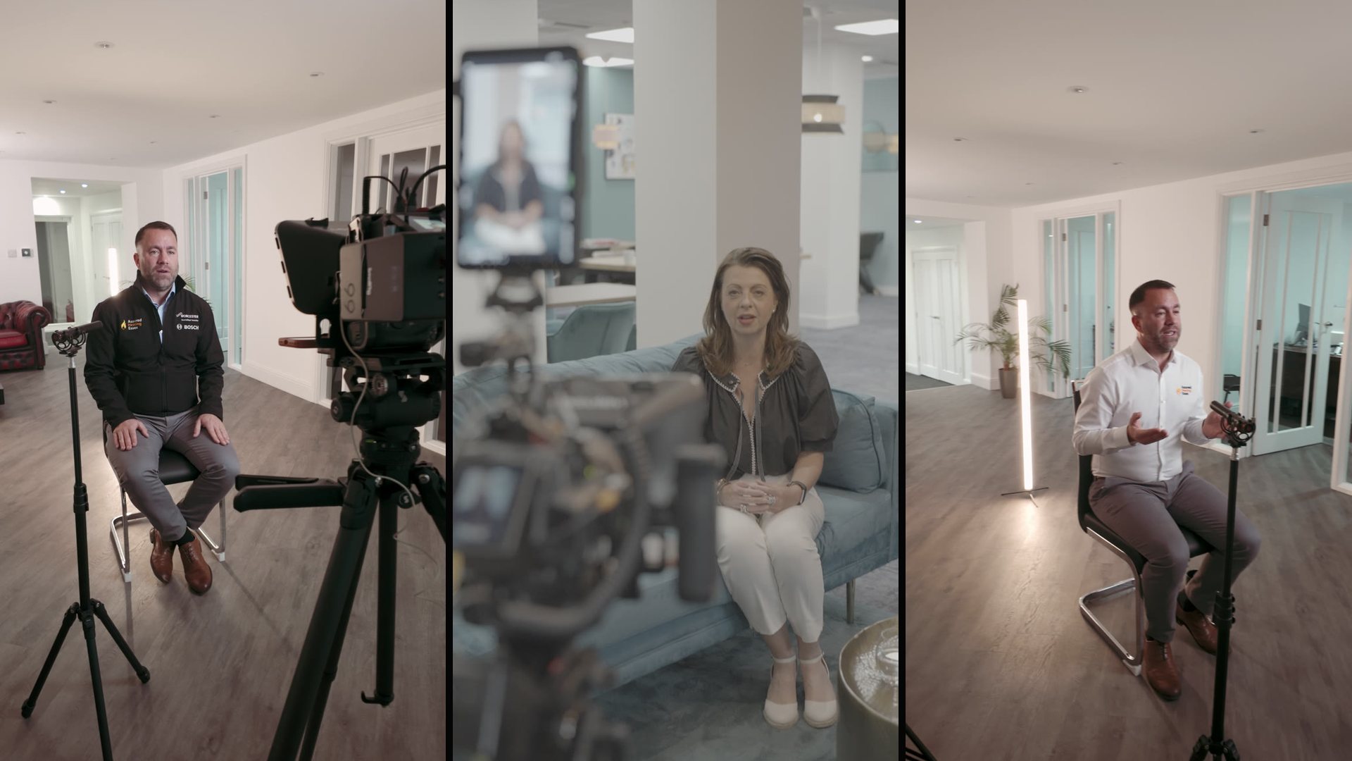 Three people being interviewed on camera during Sequence shoots
