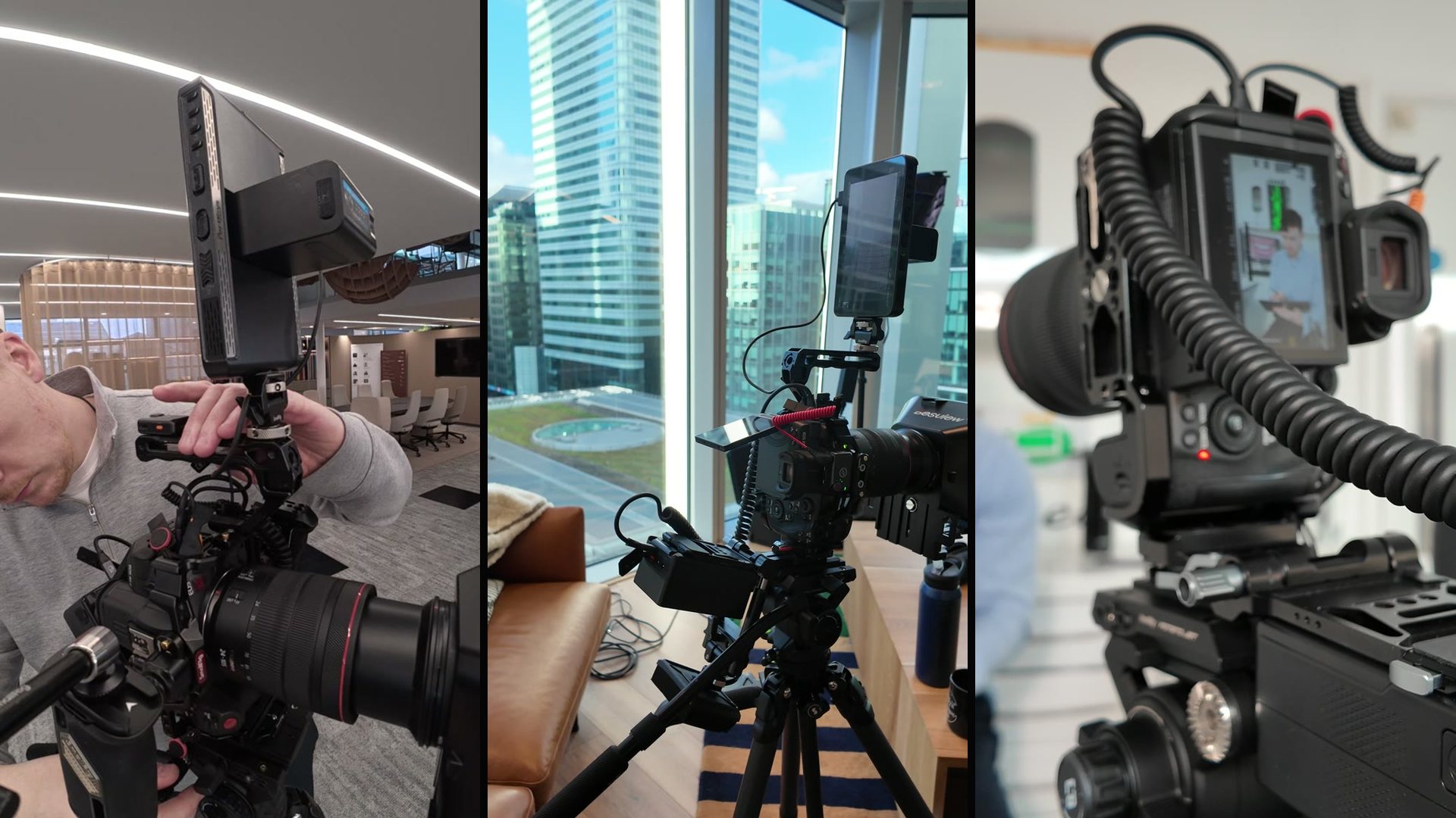 Cinema cameras set up for interviews on three Sequence shoots