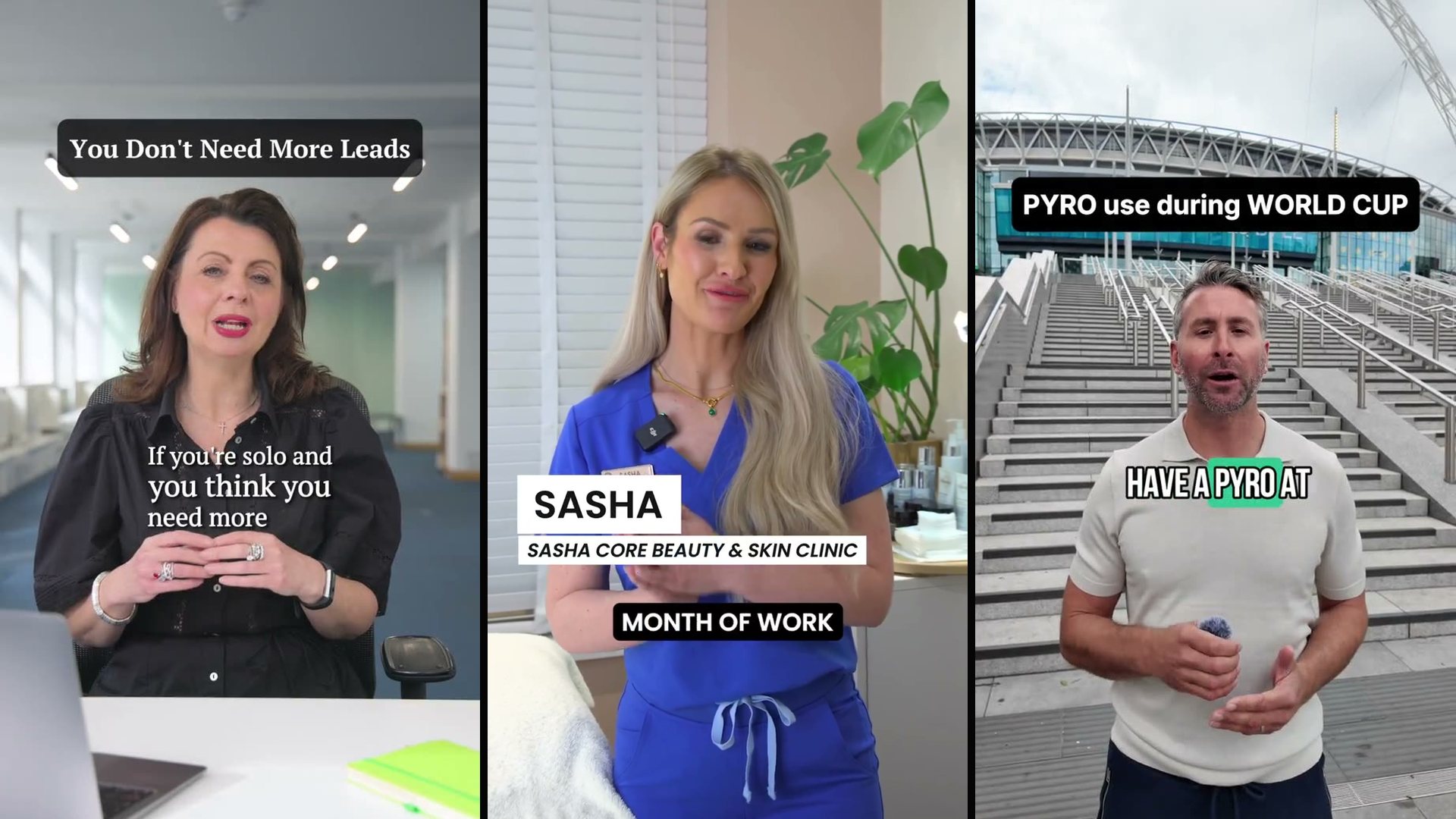 Opening frames from three vertical videos made for clients