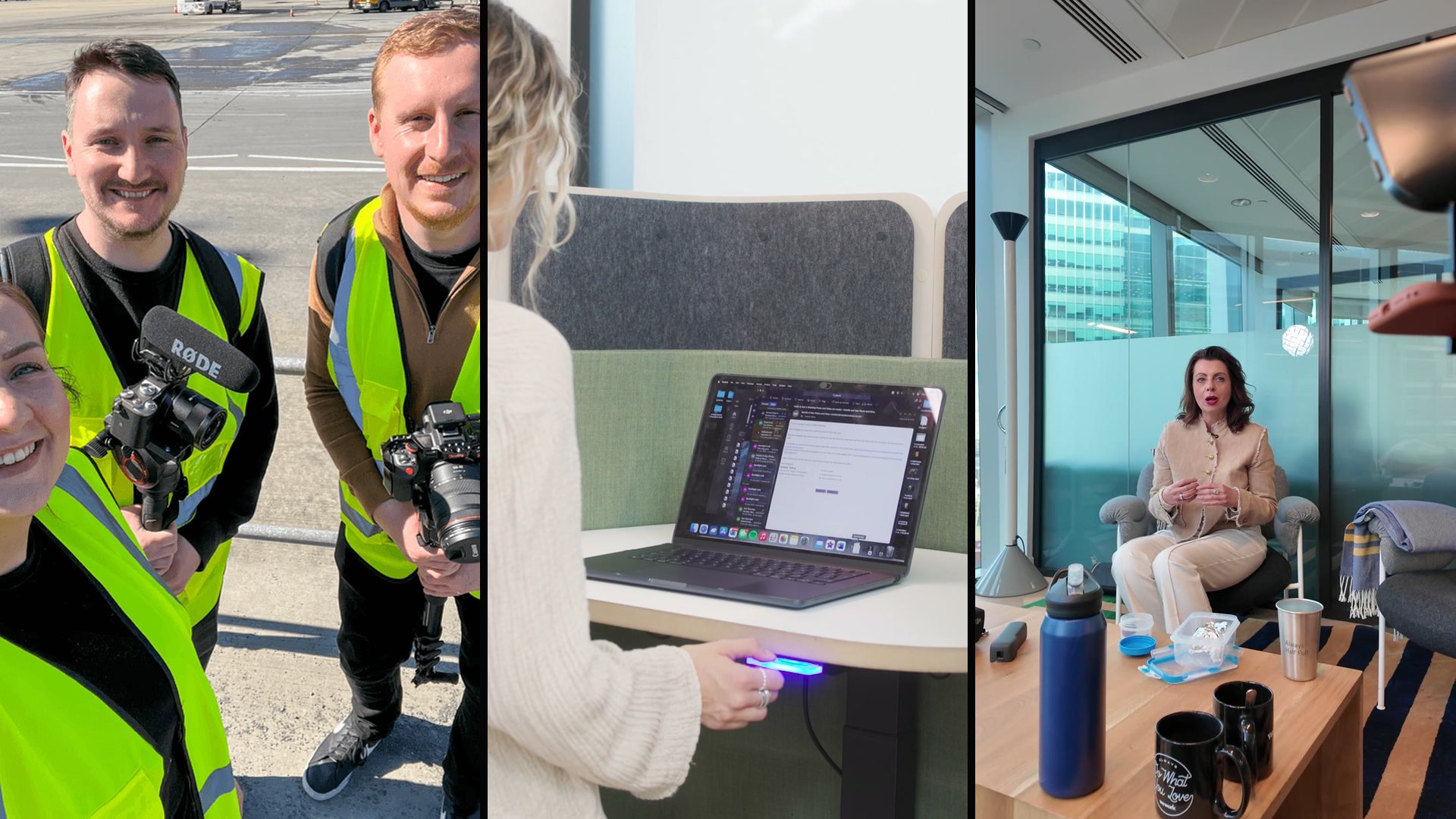 The Sequence team out on location, and a presenter being recorded in an office