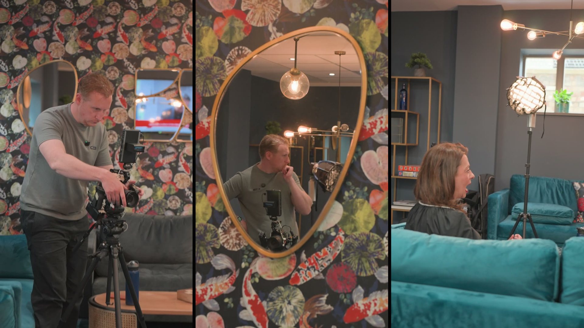 Sam setting up the camera and lights for an interview in a decorated venue