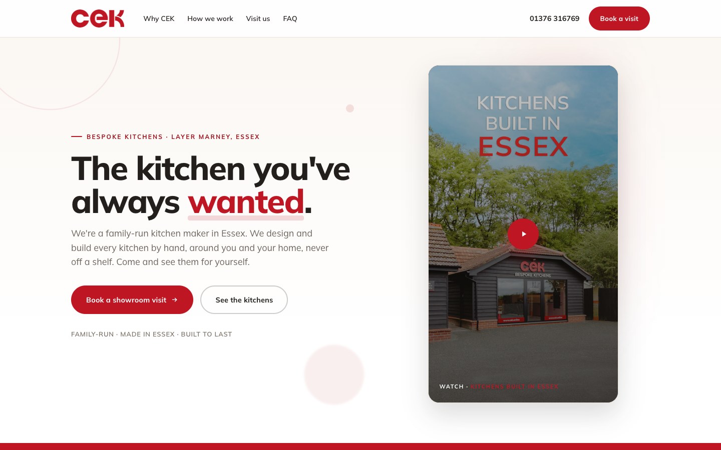 The CEK Kitchens showroom landing page on cek.online, on desktop