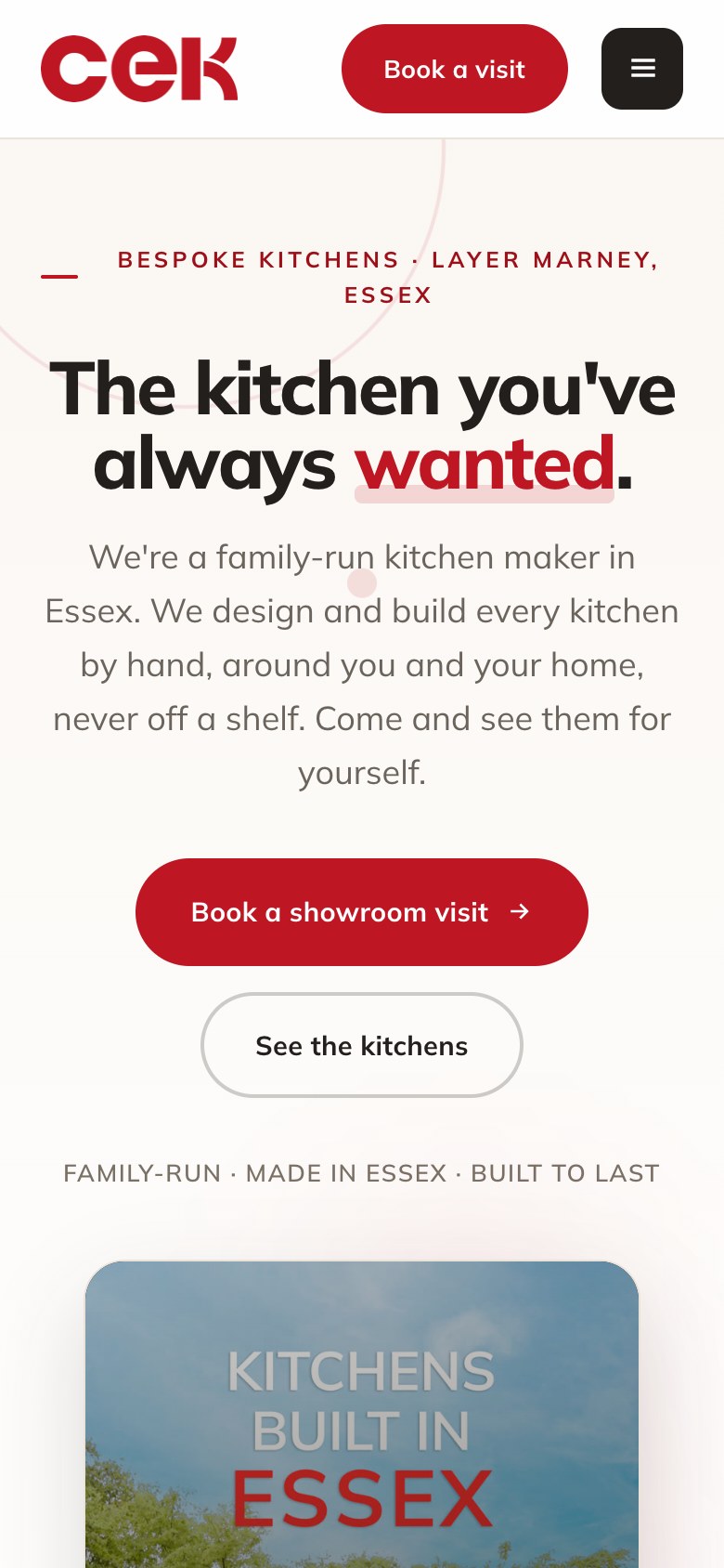 The CEK Kitchens landing page on a phone