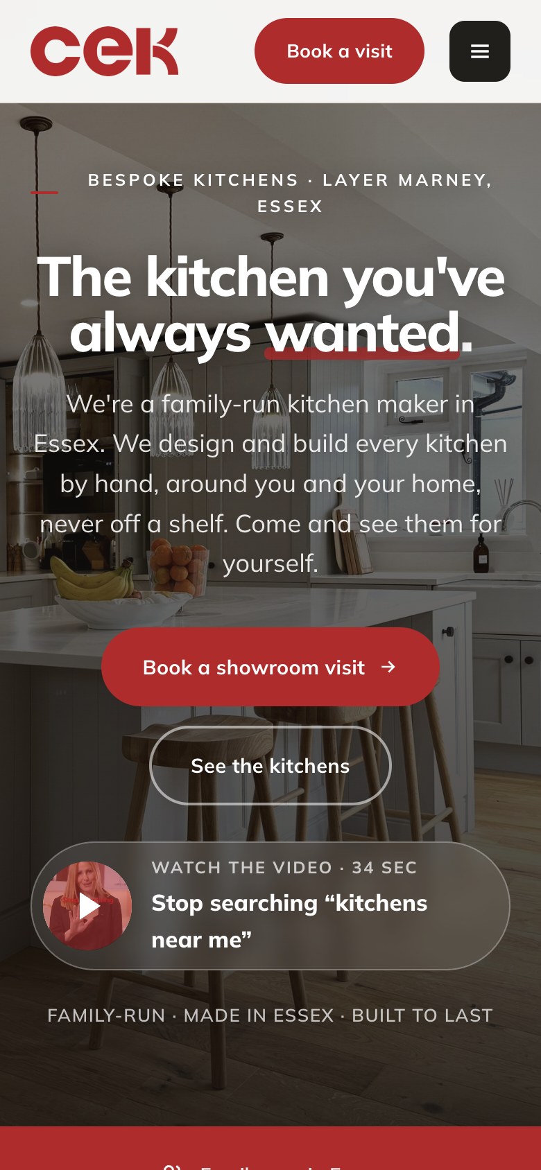 The new CEK Kitchens website on a phone