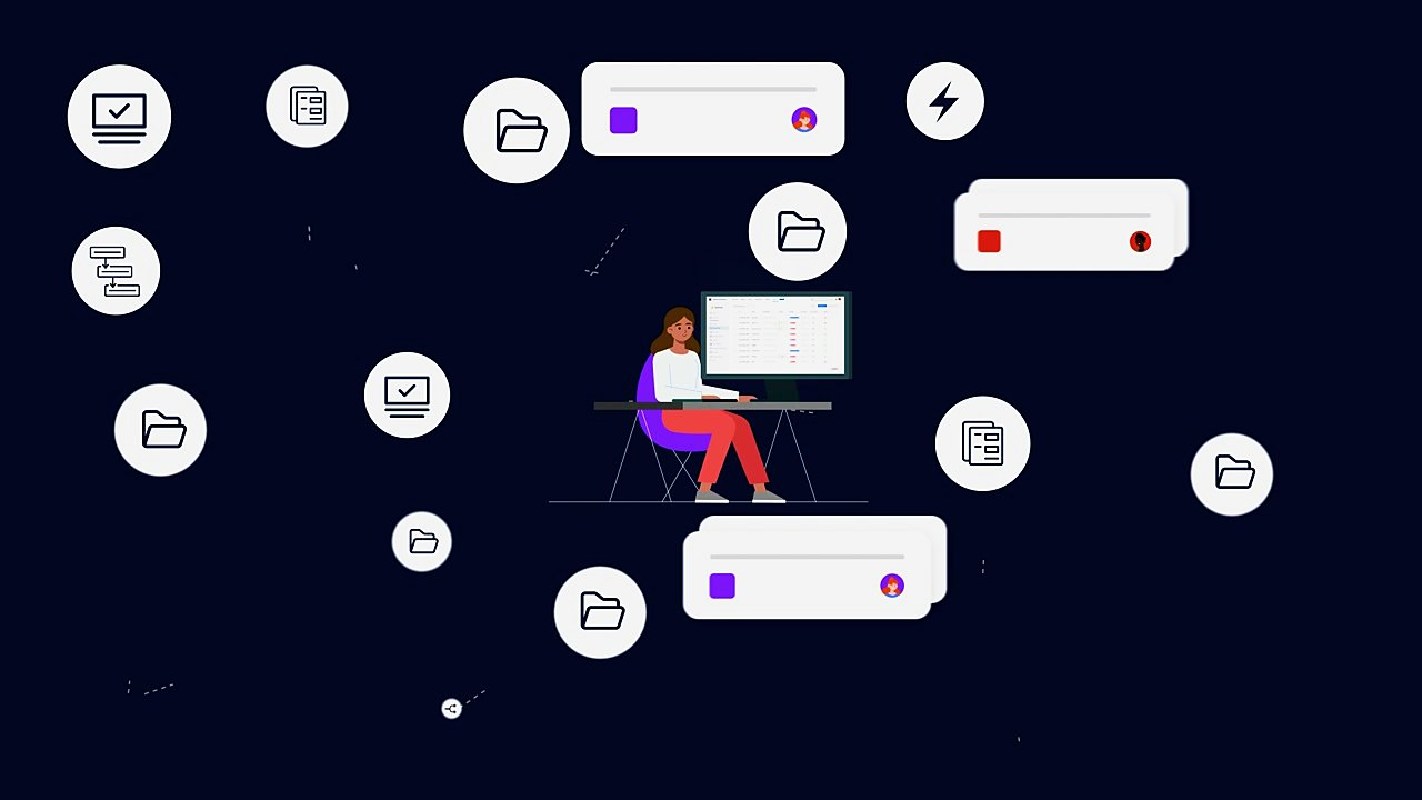 An illustrated colleague at a desk surrounded by Jira projects and cards