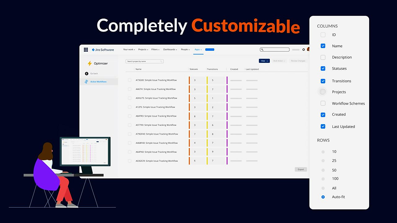 An animated frame from the Optimizer promo showing a customisable Jira table