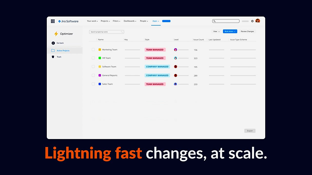 The line "Lightning fast changes, at scale" over a Jira table in the Optimizer promo
