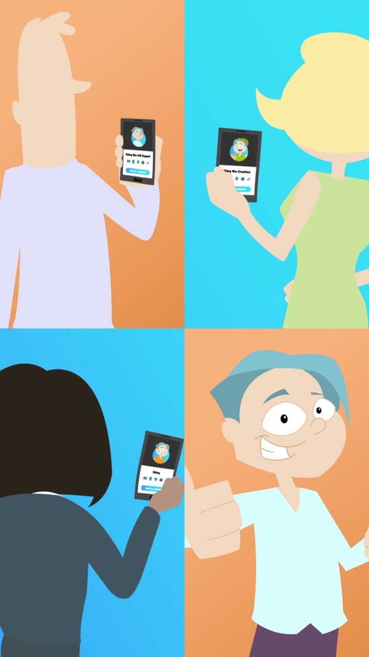 Characters sharing their cards on phones