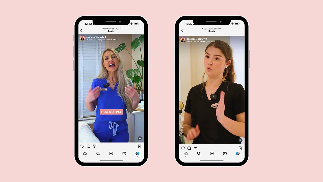 Two Sasha Core Beauty reels side by side on Instagram