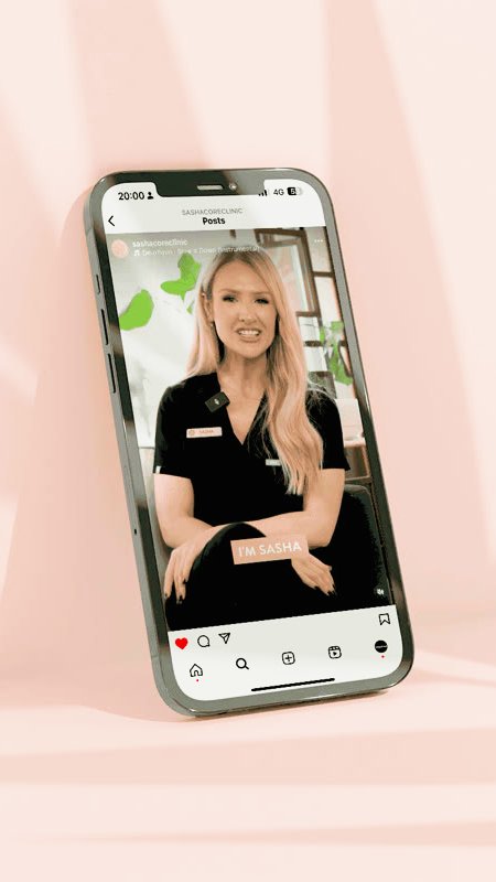 A Sasha Core Beauty reel playing on a phone