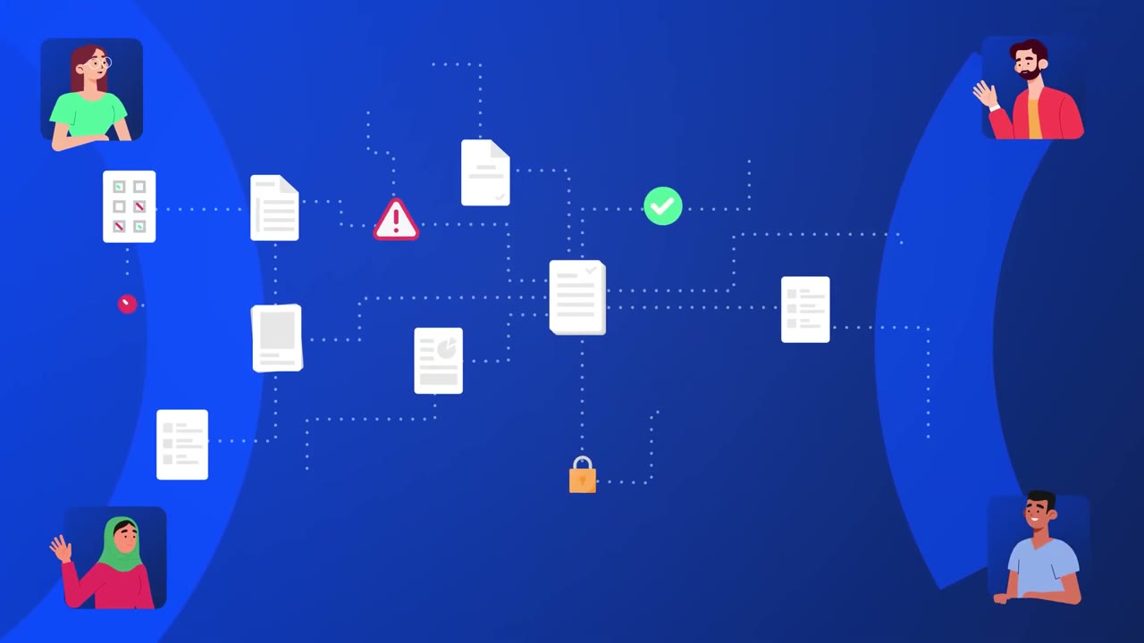 Illustrated colleagues connected by a network of compliance documents, from the Enterprise video