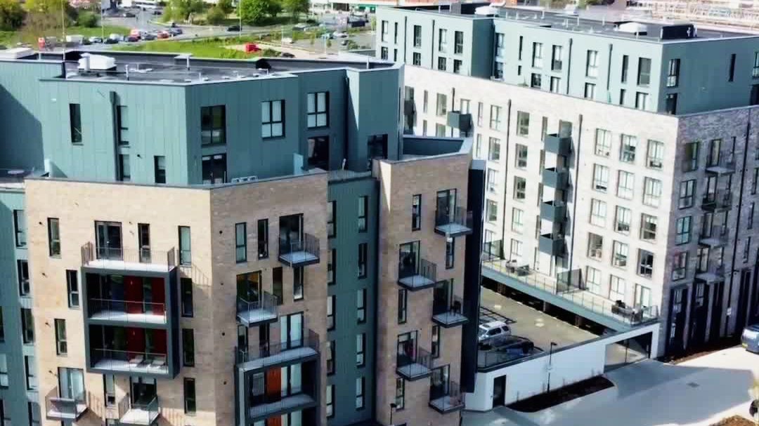 A drone shot of the finished Chelmer Waterside apartment blocks