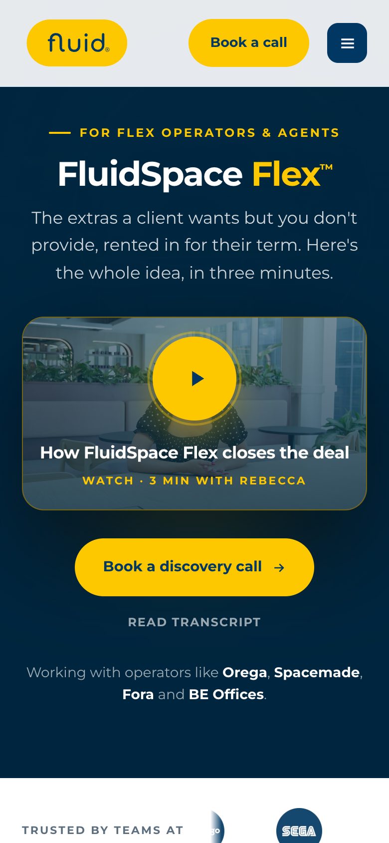 The FluidSpace Flex landing page on a phone