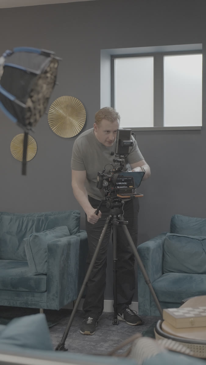 Behind the scenes on a Liz Flavell content shoot — cinema camera and teleprompter rig