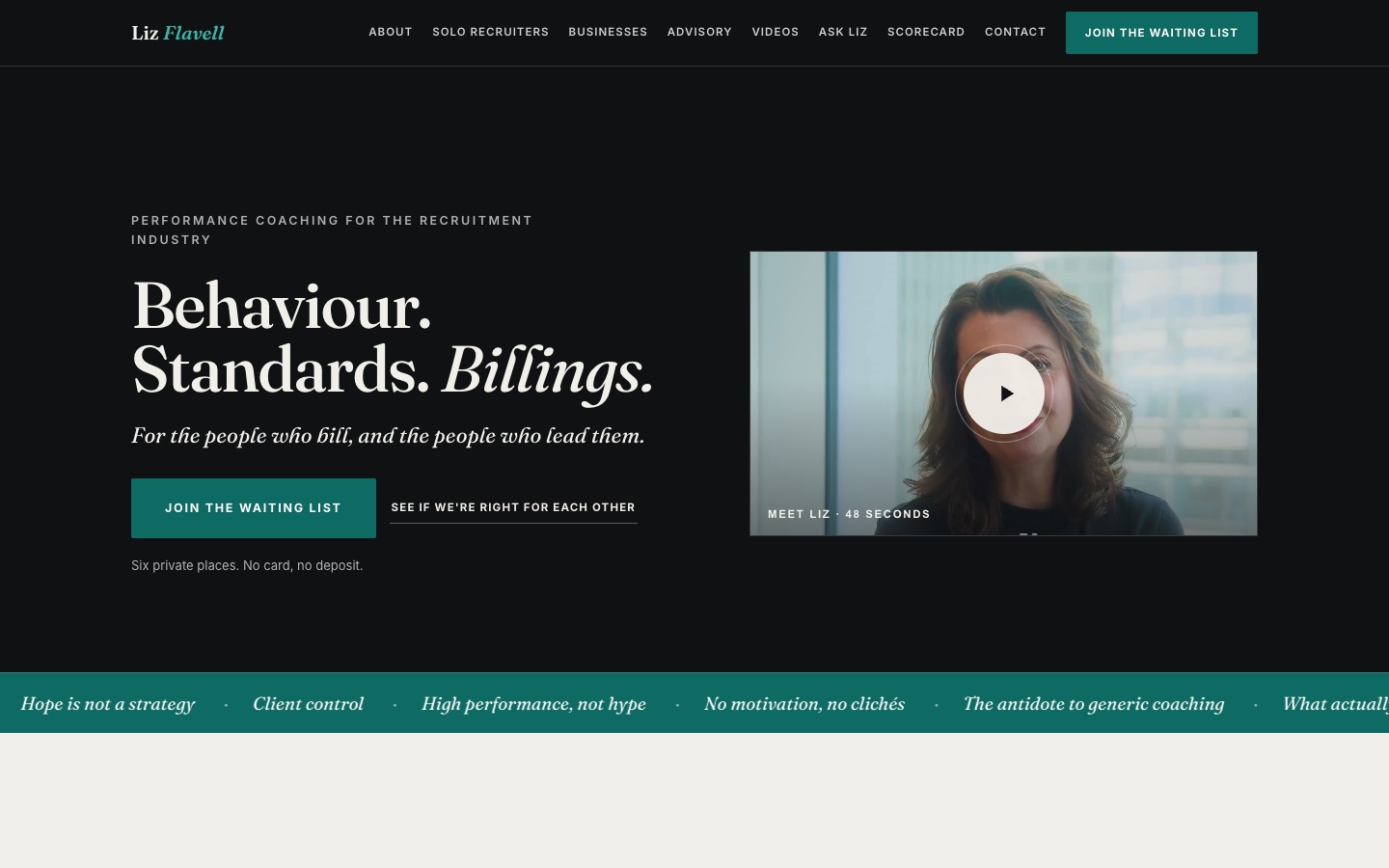 The Liz Flavell website homepage on desktop: Behaviour. Standards. Billings.