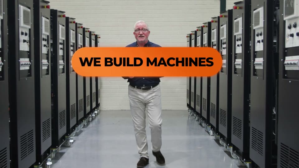 The opening of the PowerLoad promo video, walking down a data hall lined with PowerLoad load banks, made by The Sequence