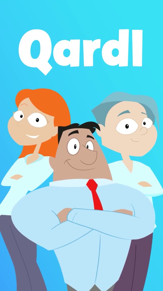 Three animated Qardl characters standing together under the Qardl logo