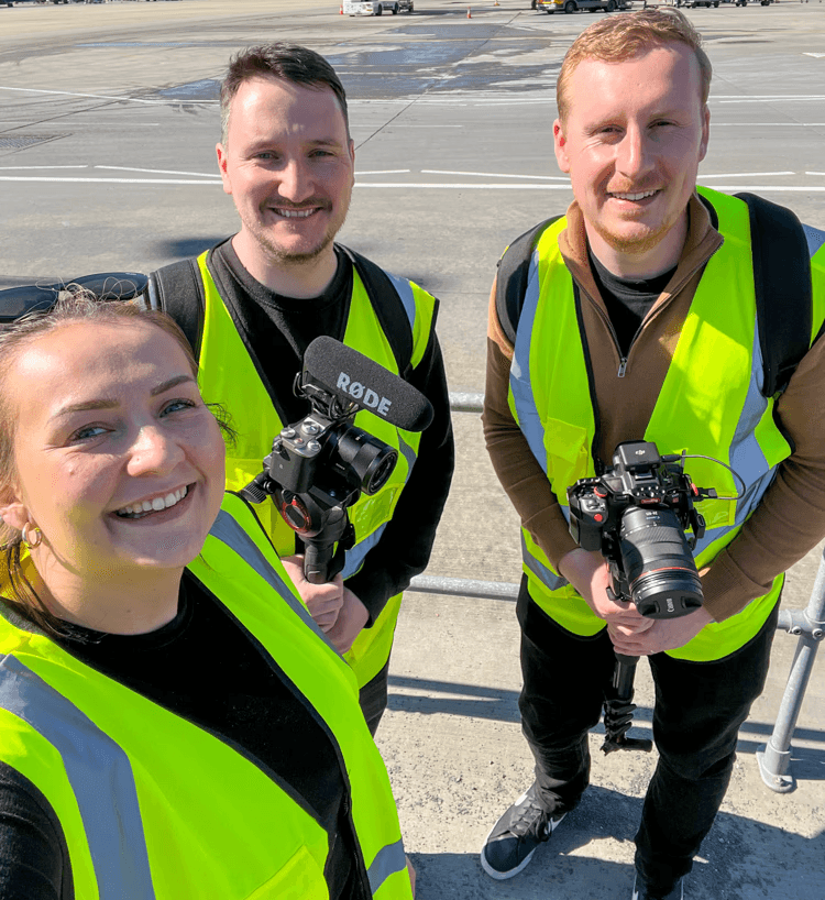 The Sequence team on location in Essex, holding cameras during a content shoot