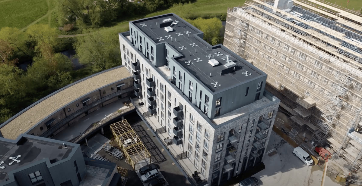 Drone aerial of the Chelmer Waterside development in Chelmsford mid-construction, where we filmed Urmet's door-entry systems on a live site