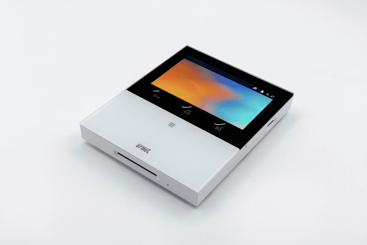 Close-up of a real Urmet video door-entry monitor, filmed for the marketing videos