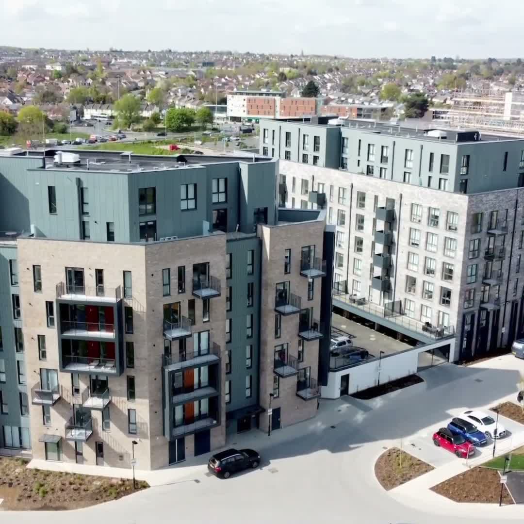 Drone shot of the finished Chelmer Waterside apartment blocks in Chelmsford