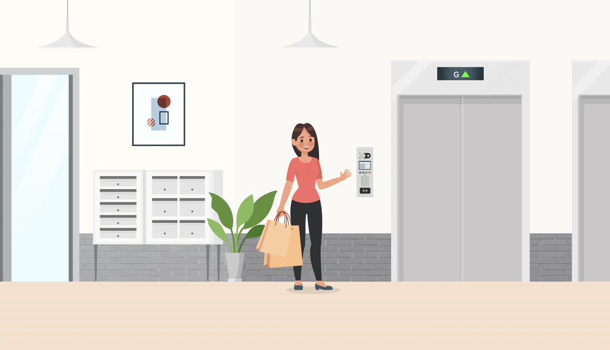 Still from the Urmet product explainer animation, an entry panel in a residential lift lobby