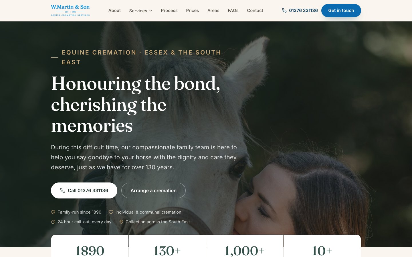 The new W. Martin & Son equine cremation website and the WMS Farm Services website on desktop, overlapping