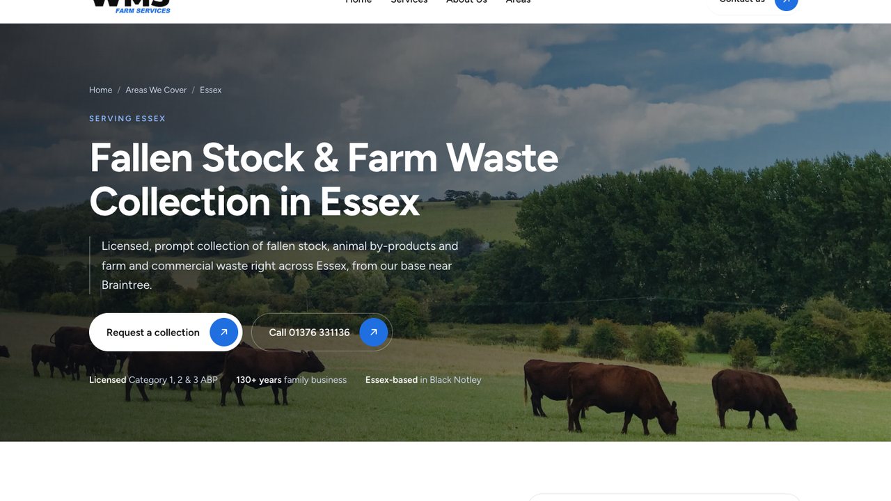 The WMS Farm Services Essex county page on desktop