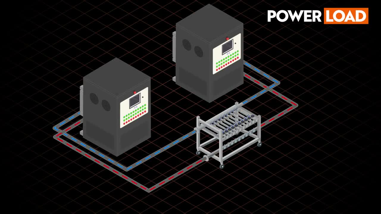 A 3D animation frame of load banks joined to a manifold by water pipes