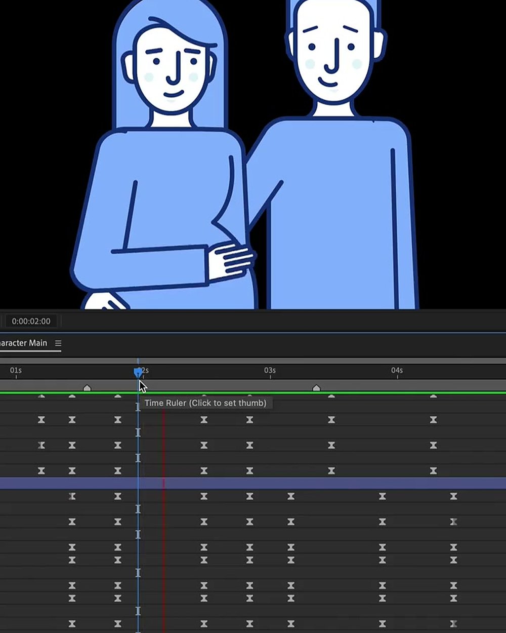 Two flat-style characters on screen in After Effects with the keyframe timeline underneath