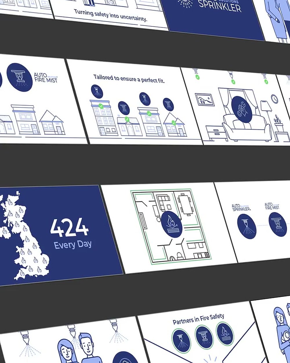 Animation storyboard and style frames laid out in perspective in navy and white