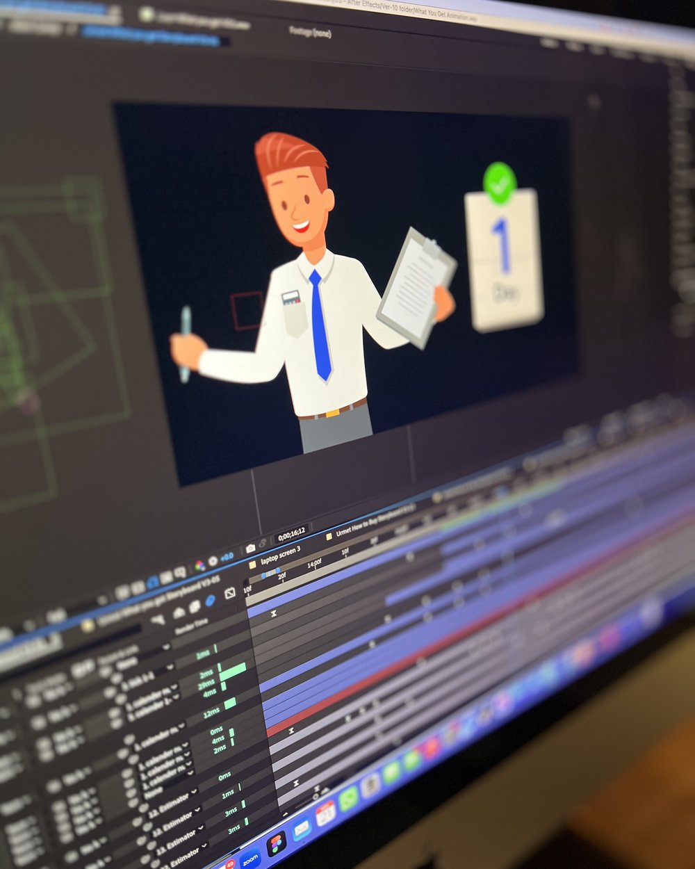 An After Effects timeline on a monitor with an animated presenter character, from the Urmet animation work