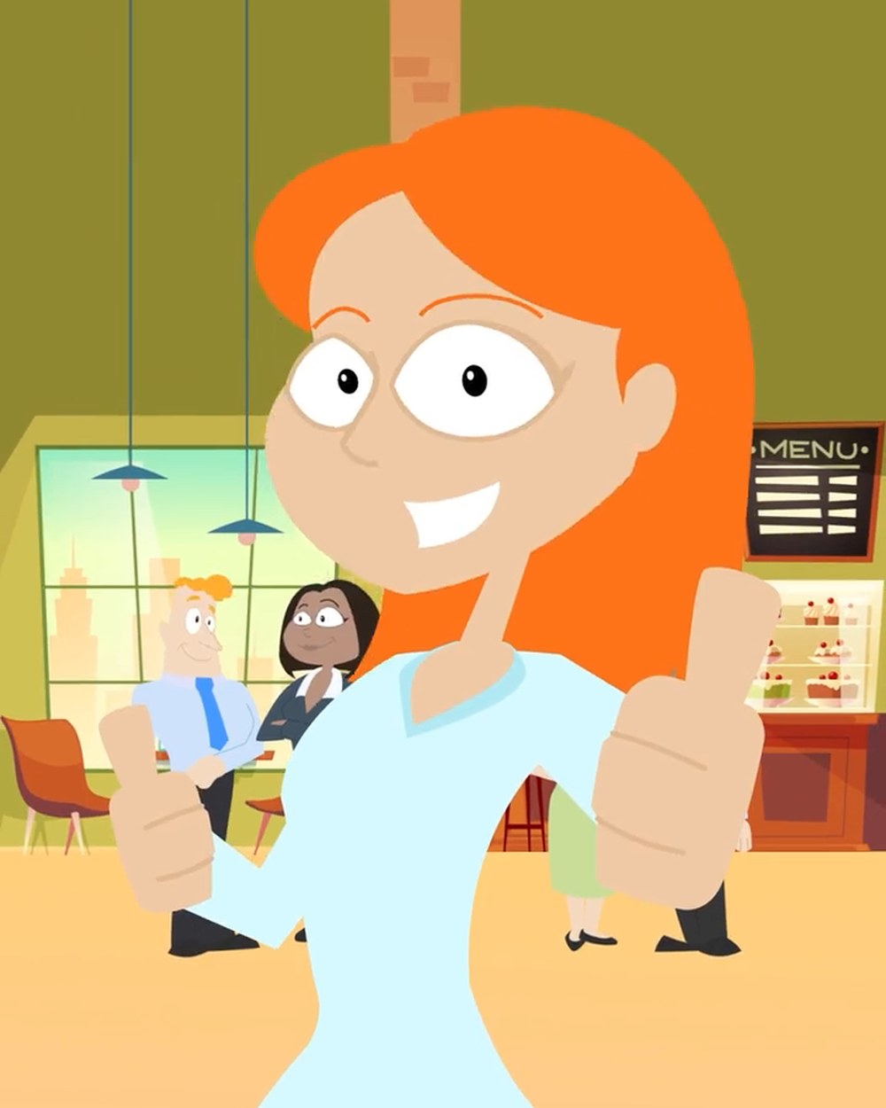 A flat 2D animation frame of a red haired character giving two thumbs up in a cafe
