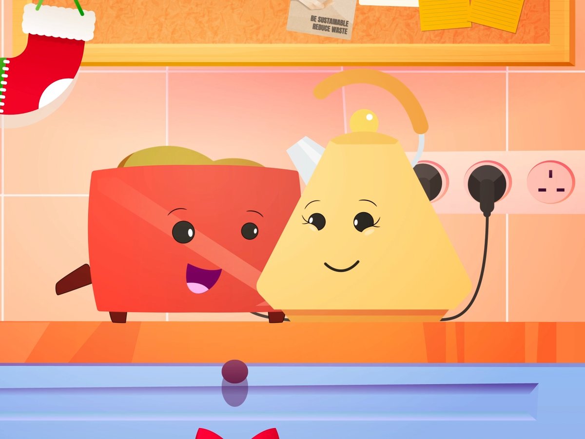 A cartoon toaster and kettle with faces in a Christmas kitchen