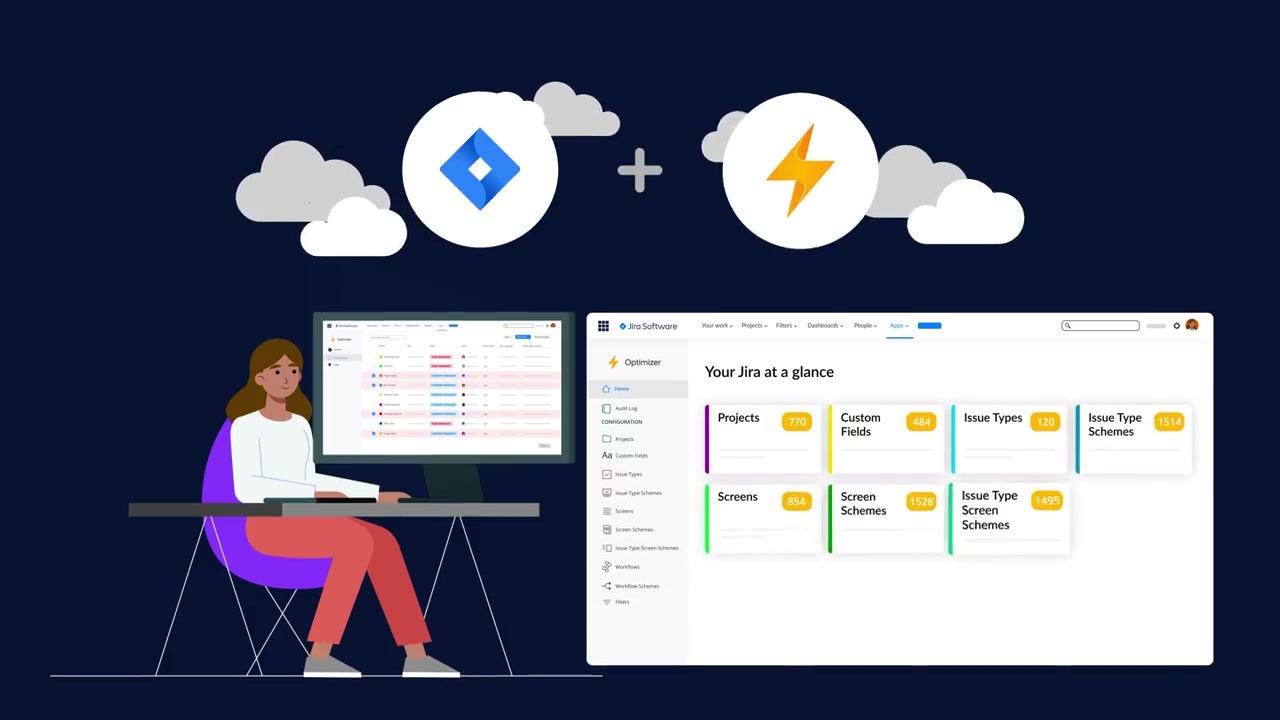 Animated AppFox scene of a person at a desk beside the Jira and Optimizer logos and an admin dashboard