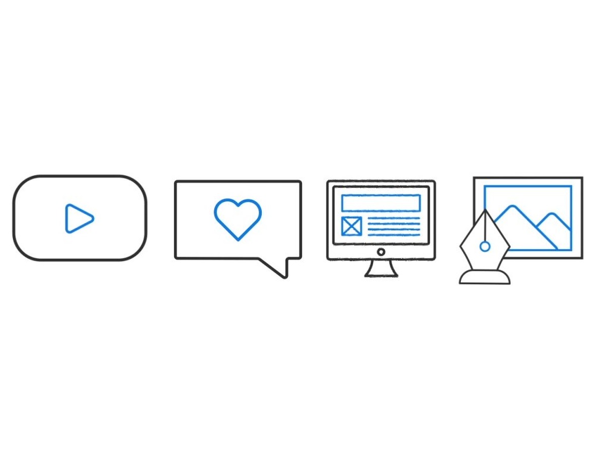 Four animated icons for video, social, website and design, drawn in black and blue line on white, from a logo animation set