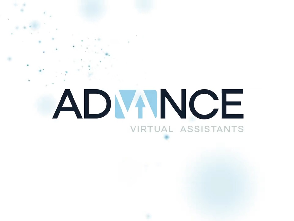 The Advance Virtual Assistants wordmark settled on white with soft particles drifting around it, the end frame of a logo sting