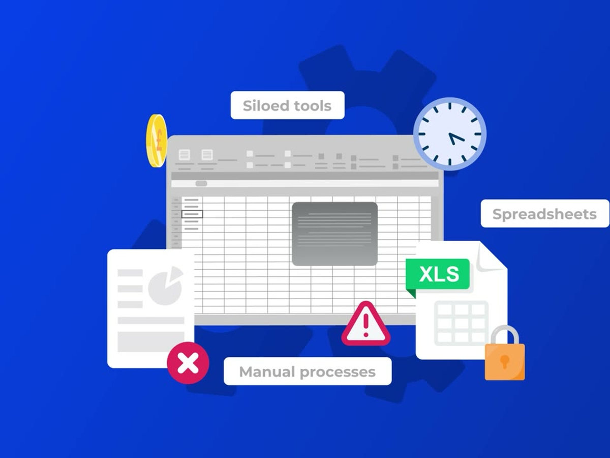 Animated icons labelled siloed tools, spreadsheets and manual processes on a blue background