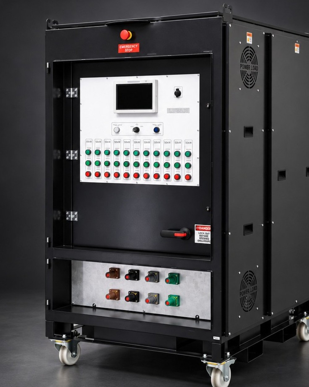 A PowerLoad liquid cooled load bank photographed in the studio against a black background, lit to show its panel and finish