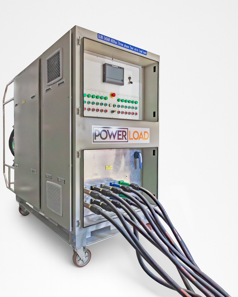 A PowerLoad 500kW liquid cooled load bank cut out on a clean white background with its cables