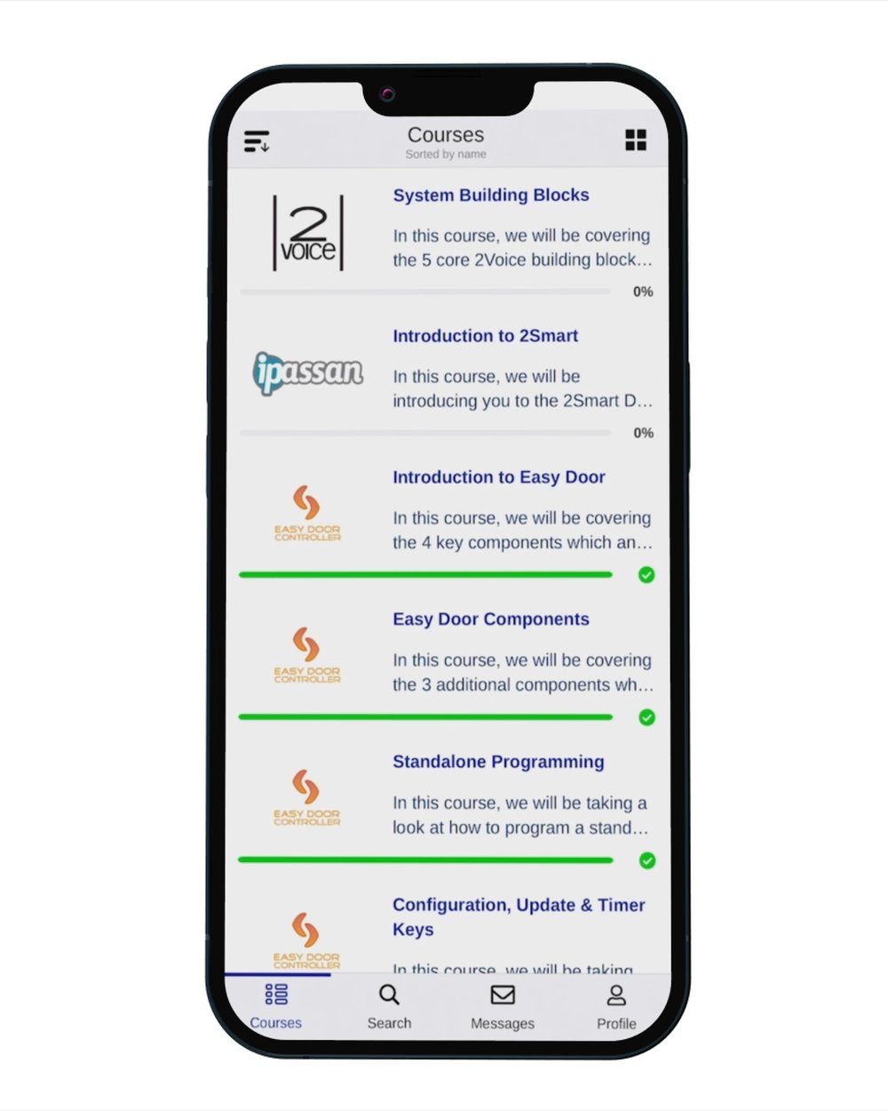 A training platform course list on a phone screen, from a software tutorial for Urmet