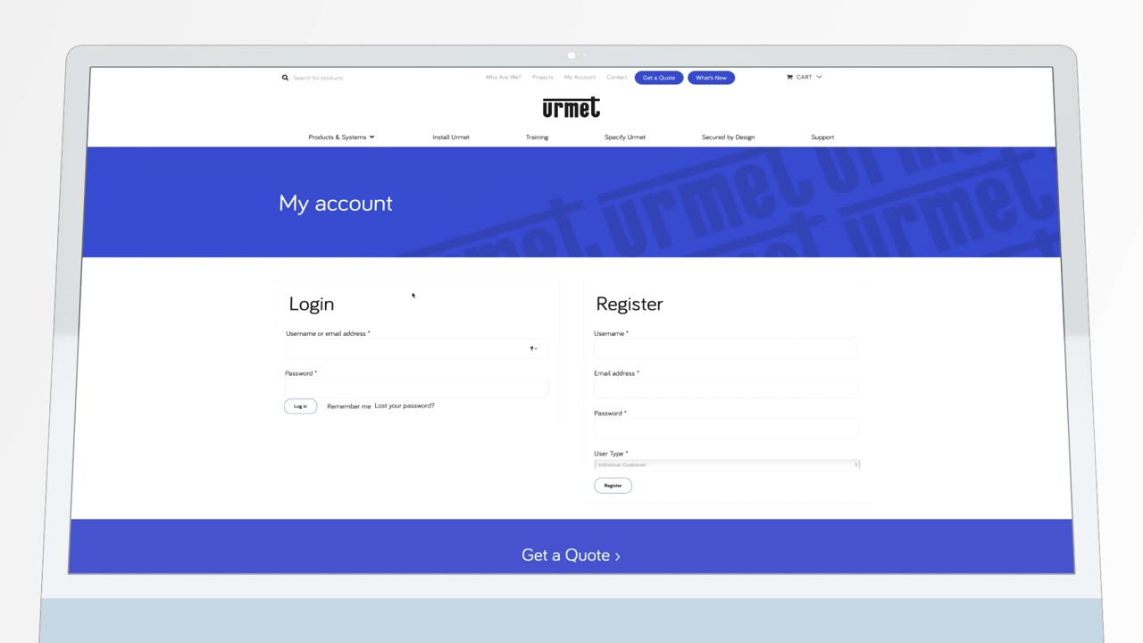 A frame from the Urmet portal getting started video showing the login and register screen